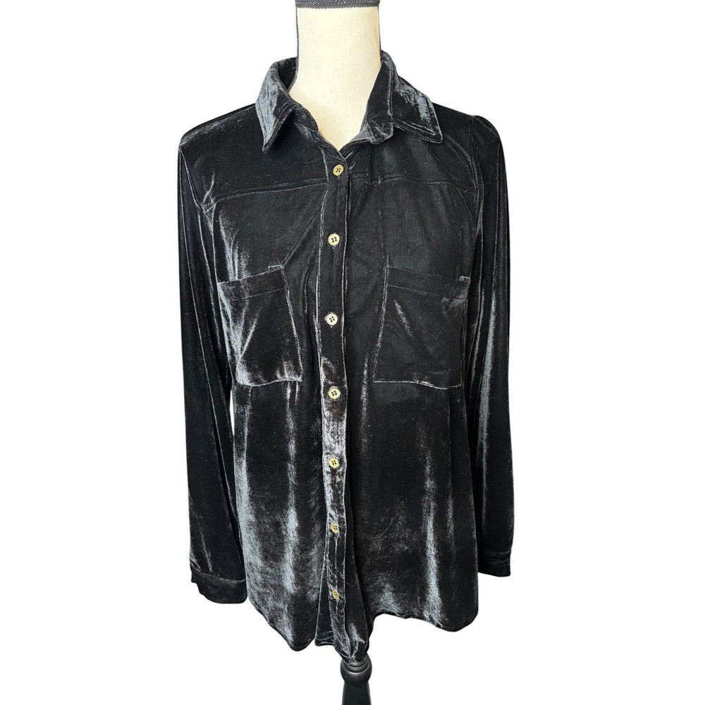 Umgee Womens Black Velvet Button Down Shirt Long Sleeve Pockets Large